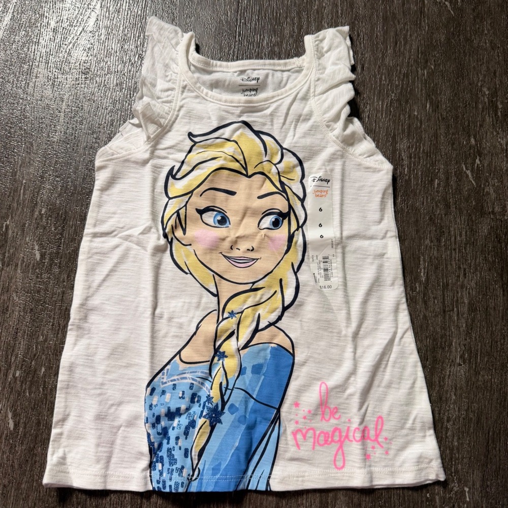Disney Jumping Beans Tank Top Girls 6 White Frozen Elsa Ruffle Glitter Magical